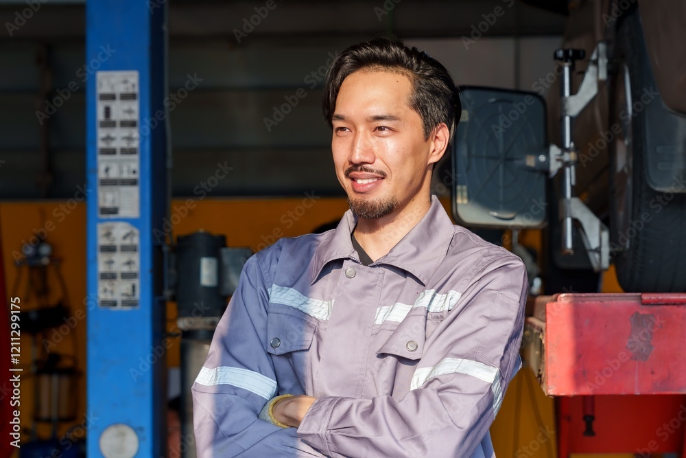 Mechanic standing confidently in garage with crossed arms, symbolizing professionalism, expertise, and trust in small business automotive repair and maintenance services. Mechanic standing confidently in garage with crossed arms, symbolizing professionalism, expertise, and trust in small business automotive repair and maintenance services.