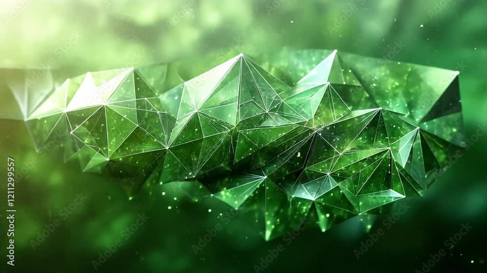 Emerald Geometry: Abstract, luminescent emerald green geometric shapes float amidst a blurred green backdrop, creating an ethereal and futuristic atmosphere.  