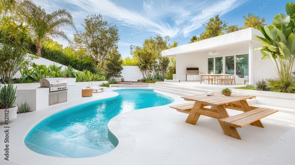 Fototapeta premium A vibrant summer backyard with a barbecue grill, picnic table, and a refreshing pool, perfect for enjoying sunny days with family and friends.
