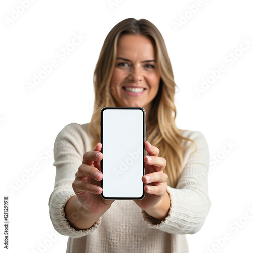 woman holding a mobile phone with transparent background