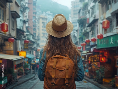 Exploring vibrant street markets macau travel experience urban environment back view cultural adventure