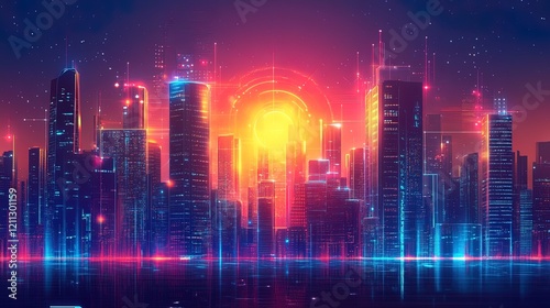 Abstract futuristic cityscape with neon accents and high-tech elements