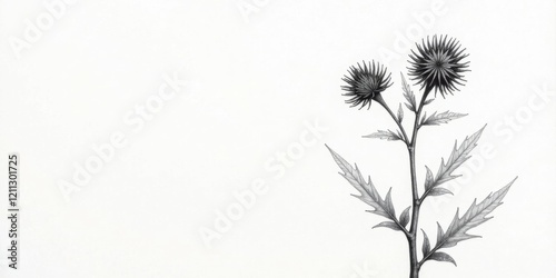 Wallpaper Mural Intricate botanical illustration of a flowering plant with spiky leaves and two prominent blossoms, rendered in grayscale pencil, on a clean white background. Torontodigital.ca