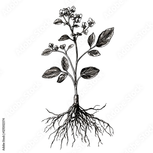 Monochrome botanical illustration of a plant with roots and flowers.