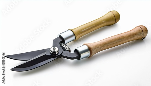 Sharp garden shears with wooden handles, ready for pruning.
