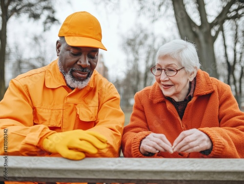 Vibrant Community Engagement Muscular African American Worker and Asian Senior in Urban Park - Inclusive Public Service and Cityscape Interaction for Social Harmony photo