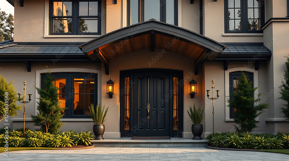 Luxury Home Exterior at Dusk: Modern Architecture, Elegant Design, and Landscaping Luxury Home Exterior at Dusk: Modern Architecture, Elegant Design, and Landscaping
