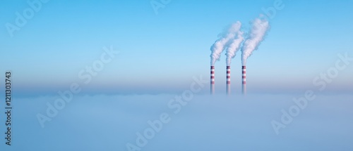 Eco-Urban Skyline Foggy Morning with Industrial Smokestacks - Atmospheric Cityscape for Environmental Campaigns and Pollution Control Awareness photo