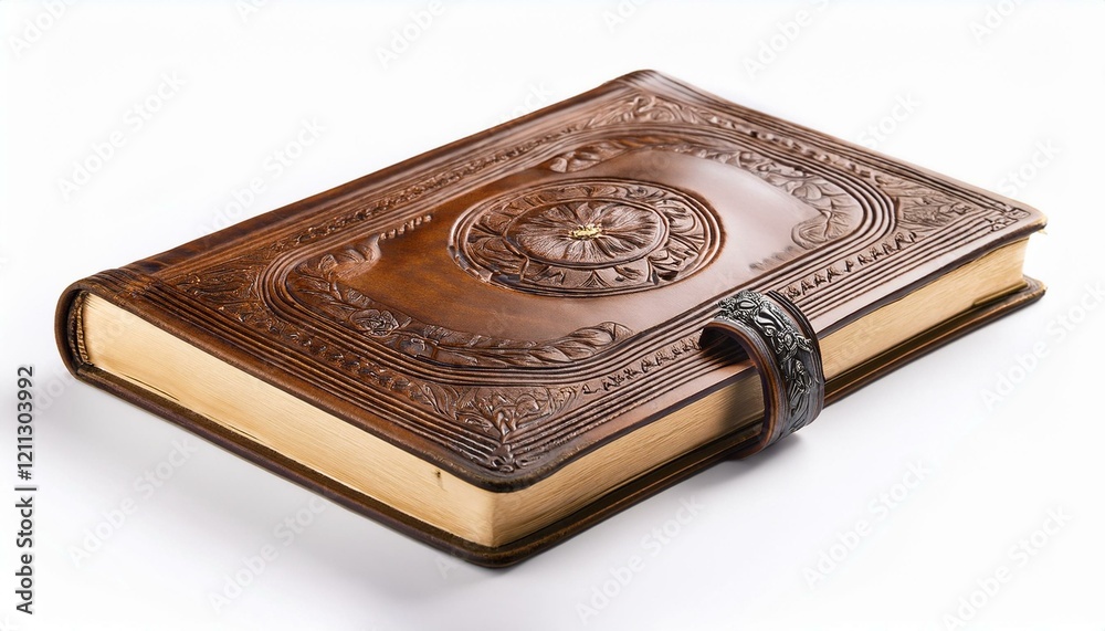 Intricate leather-bound journal, rich brown hues, detailed carvings. Intricate leather-bound journal, rich brown hues, detailed carvings.