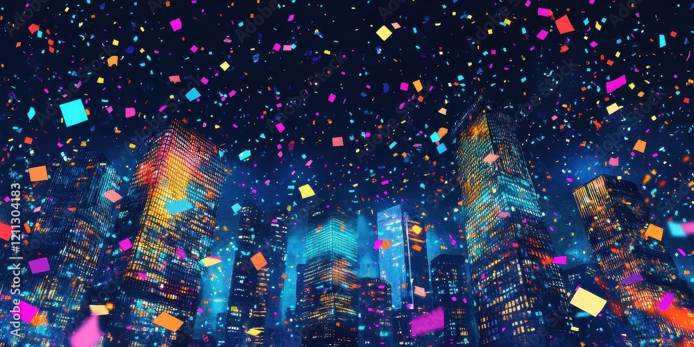 Fototapeta premium Colorful Confetti Falls Over Night Cityscape
