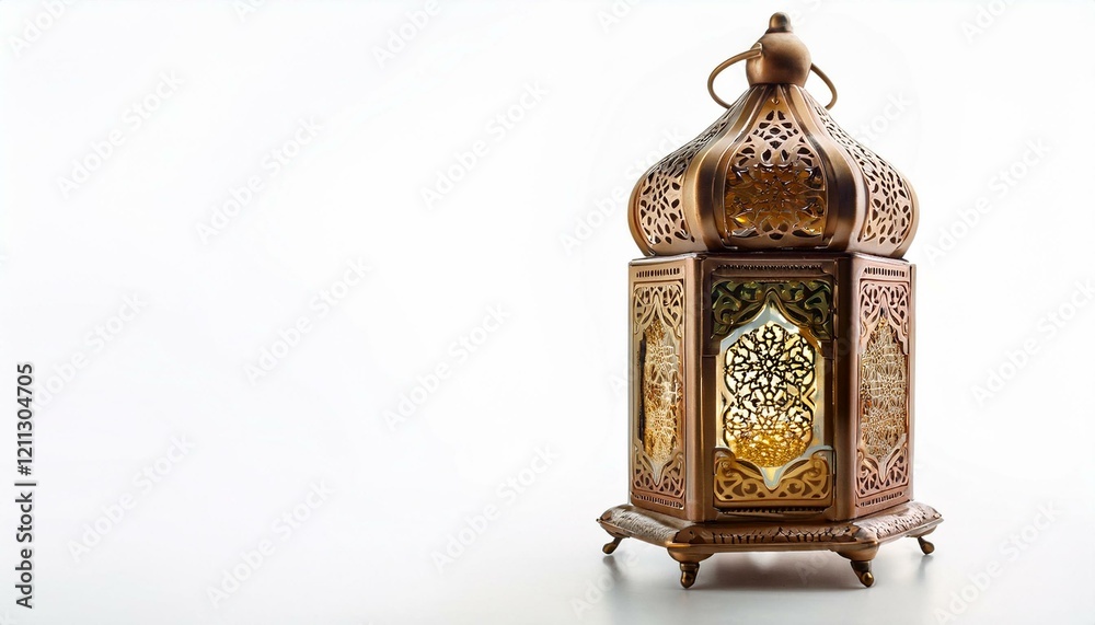 Intricate metal lantern glows softly against a white backdrop. Intricate metal lantern glows softly against a white backdrop.