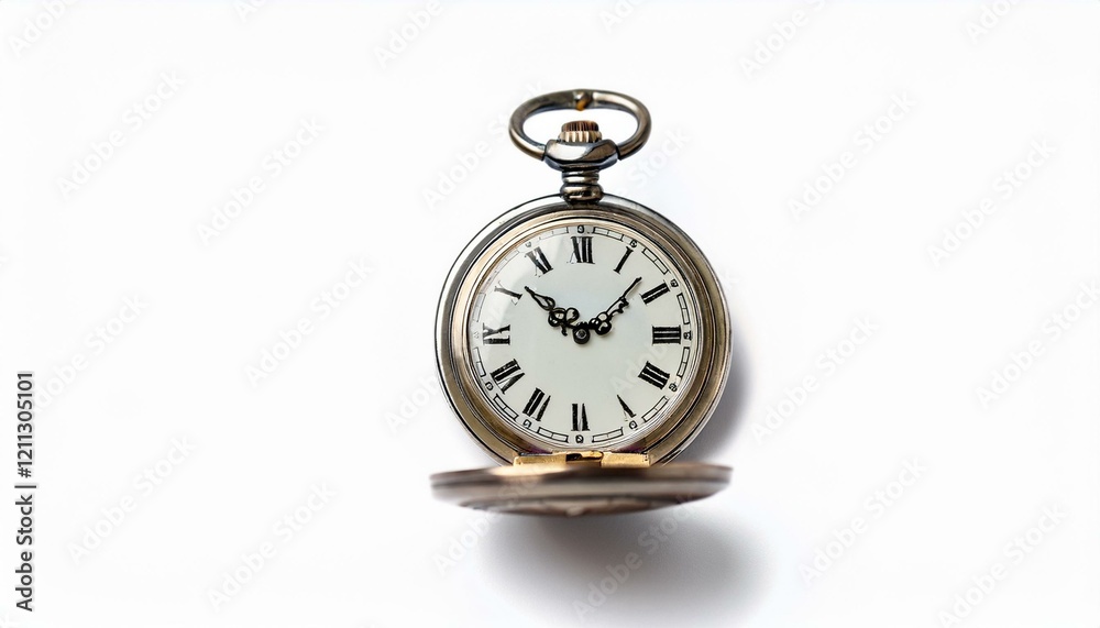 Antique silver pocket watch with Roman numerals on a white background. Antique silver pocket watch with Roman numerals on a white background.