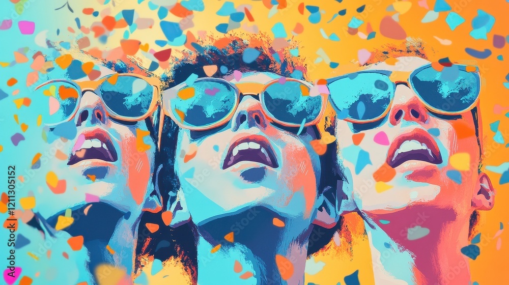 Fototapeta premium Three Women Joyfully Celebrate Amidst Confetti