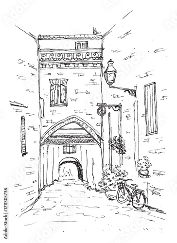 Vintage Alleyway with Arch, Bicycle, and Lamp, Simple Hand Draw Sketch Vector