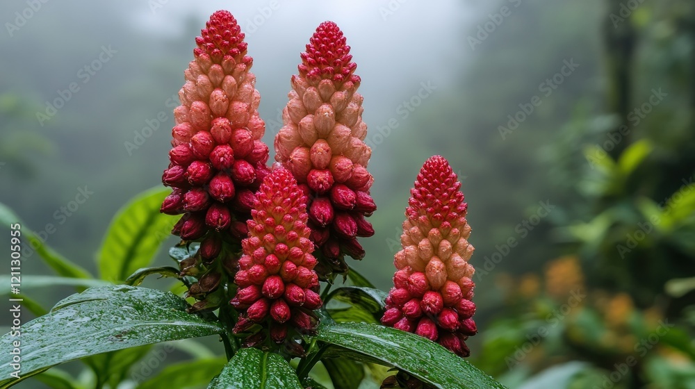 Vibrant Red Tropical Flowers in Misty Rainforest Vibrant Red Tropical Flowers in Misty Rainforest
