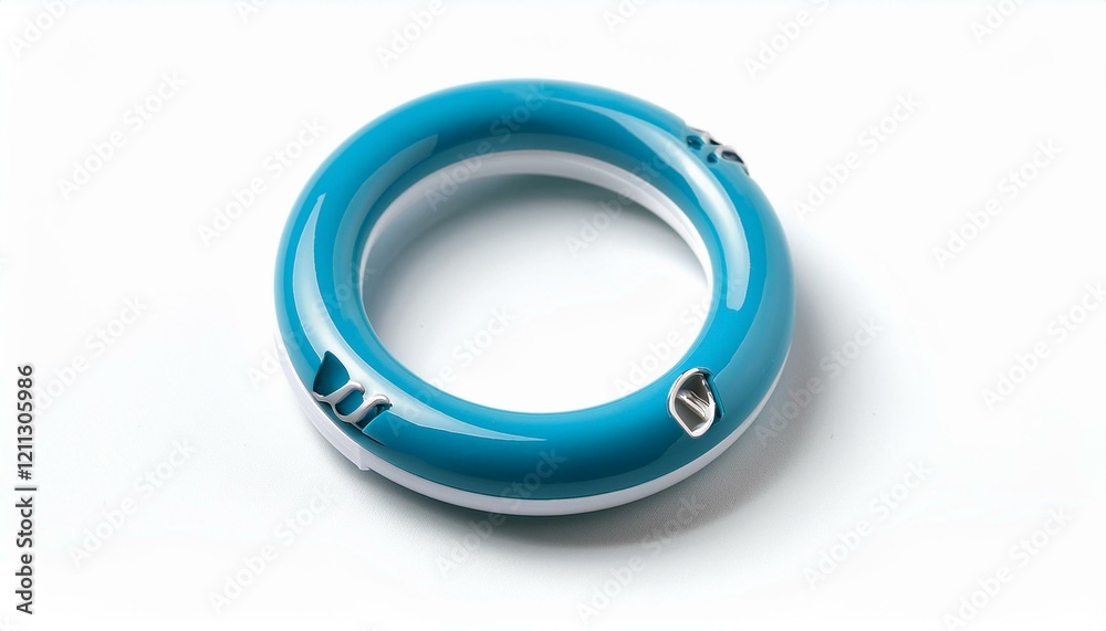 Teal circular device with white accents. Teal circular device with white accents.