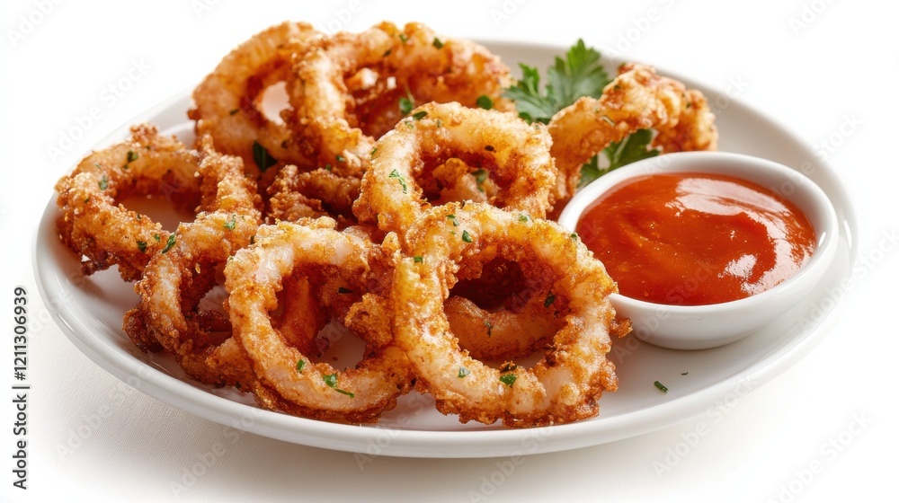 A plate of crispy calamari rings served with a side of zesty marinara sauce, Each golden-brown ring tender and flavorful A plate of crispy calamari rings served with a side of zesty marinara sauce, Each golden-brown ring tender and flavorful