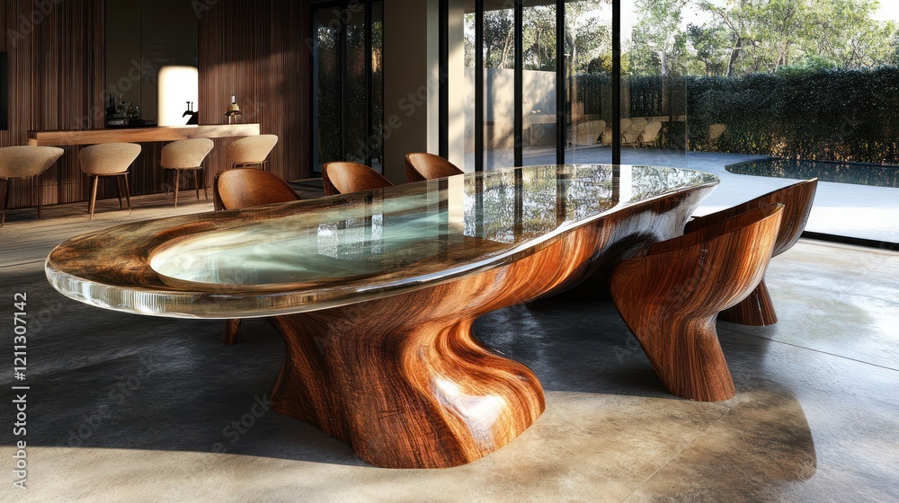 Modern organic wood dining table with resin top, curved legs, and sleek chairs in a luxury home. Modern organic wood dining table with resin top, curved legs, and sleek chairs in a luxury home.