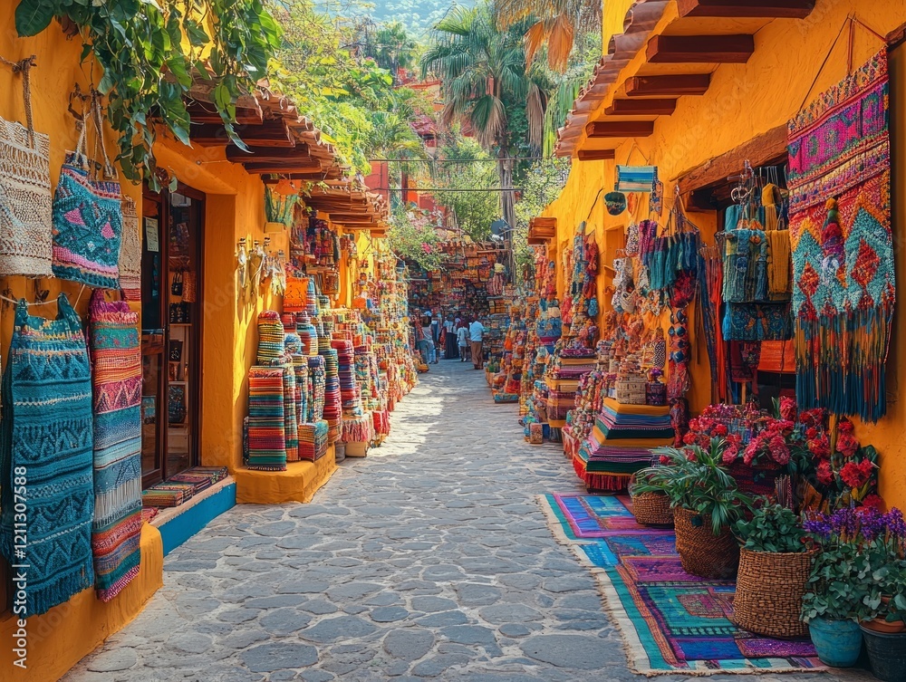 Obraz premium Vibrant market scene colorful artisan shops mexican village handmade crafts travel inspiration sunny atmosphere cultural experience