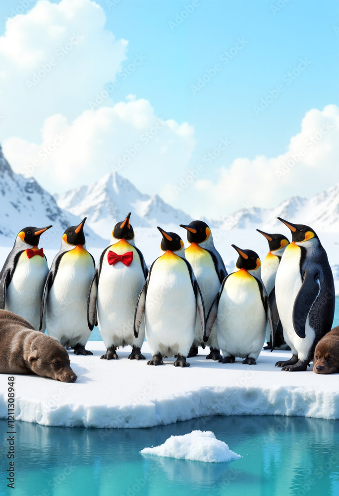 Fototapeta premium Penguins singing joyfully in an icy landscape, festive harmony