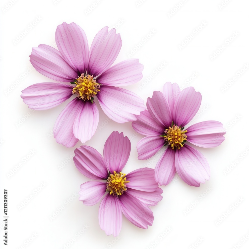 Pink cosmos flowers, white background, floral design Pink cosmos flowers, white background, floral design