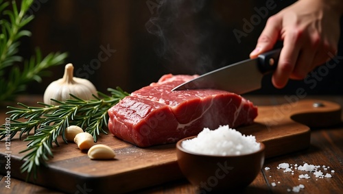 Freshly Sliced Steak on Butcher’s Block with Rosemary, Garlic, and Sea Salt photo