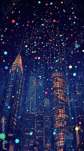 Night Cityscape Illuminated by Falling Colorful Lights photo