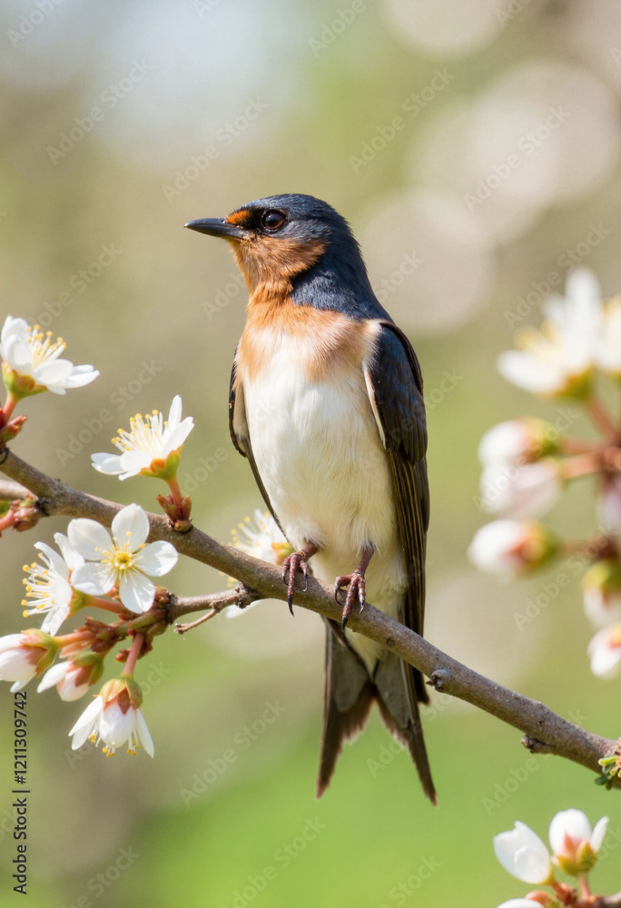 Swallow perched amidst blossoms in sunny garden, spring beauty