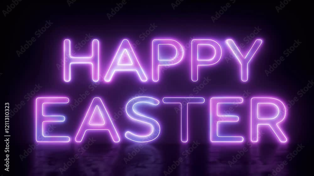 Diagonal neon purple lettering spells Happy Easter on dark background the glowing design adding modern twist to festive holiday message