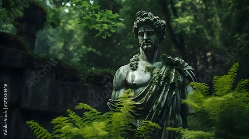 Weathered and time worn Greco Roman statue standing amidst lush verdant foliage and greenery in a serene atmospheric landscape setting