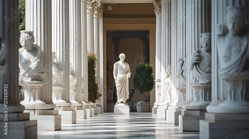 Captivating 3D render of a grand marble Roman statue framed by a pair of classical Corinthian columns in a regal antiquated interior setting photo