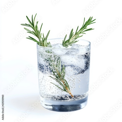 A tart and herbal gin and tonic with rosemary sprig, crisp and aromatic, isolated white background