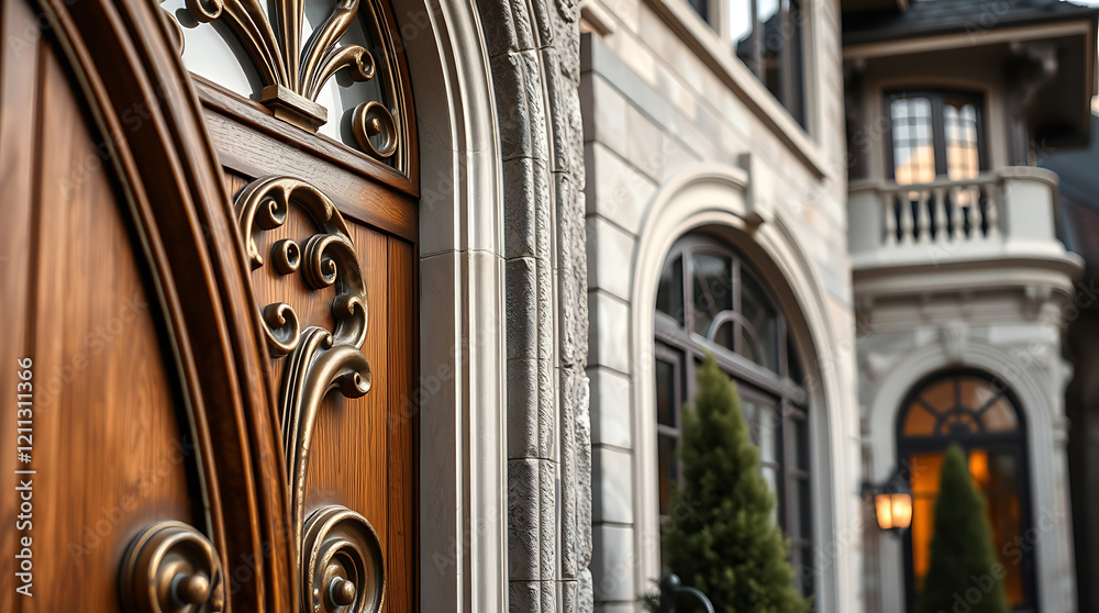 Naklejka premium Elegant Ornate Wooden Door of a Luxurious House. Classic Architecture, Real Estate, Home Exterior Design. High-end Residential Building Entrance.