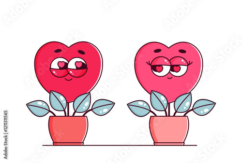 Retro characters hearts in groovy style. Couple in love, Lovely and psychedelic mascots with face in flower pot. Happy Valentines day. Isolated on white background