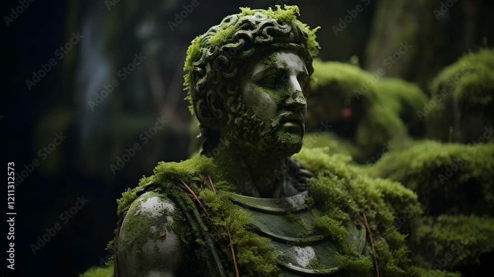 A weathered and aged Roman statue partially covered in moss highlighting the historical and time worn nature of this classical architectural relic A weathered and aged Roman statue partially covered in moss highlighting the historical and time worn nature of this classical architectural relic