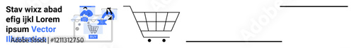 Two characters interact on digital devices near a shopping cart icon. Ideal for e-commerce, digital marketing, online business, tech, consumer behavior, web design, and retail. Landing page