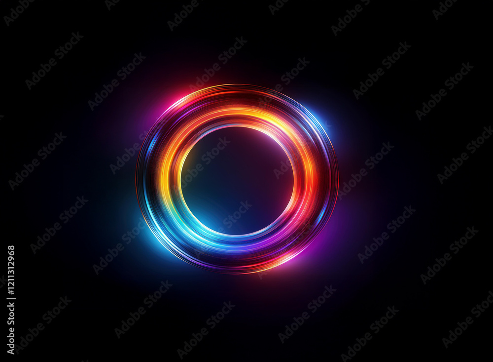 Vibrant, glowing concentric circles of rainbow hues on a black background. The inner circle is dark, creating a frame effect. The light is intense and almost ethereal. Vibrant, glowing concentric circles of rainbow hues on a black background. The inner circle is dark, creating a frame effect. The light is intense and almost ethereal.