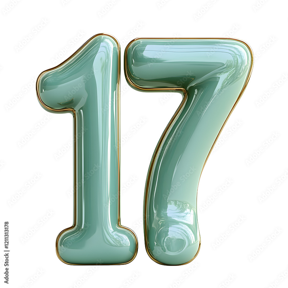Serene Teal Seventeen: Glossy Number Art with Gold Accents Serene Teal Seventeen: Glossy Number Art with Gold Accents