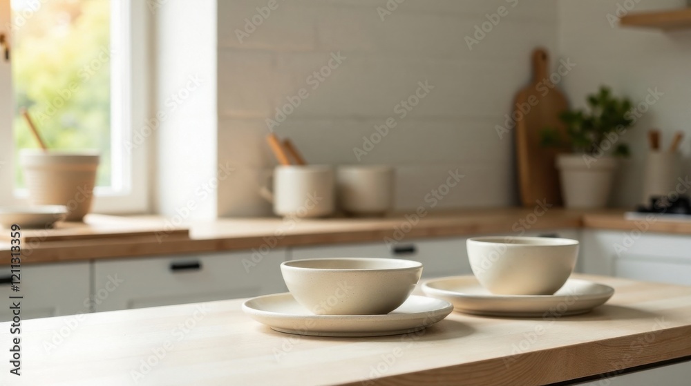 Two Simple Cream-Colored Bowls Resting on Plates on a Light Wood Kitchen Countertop Two Simple Cream-Colored Bowls Resting on Plates on a Light Wood Kitchen Countertop