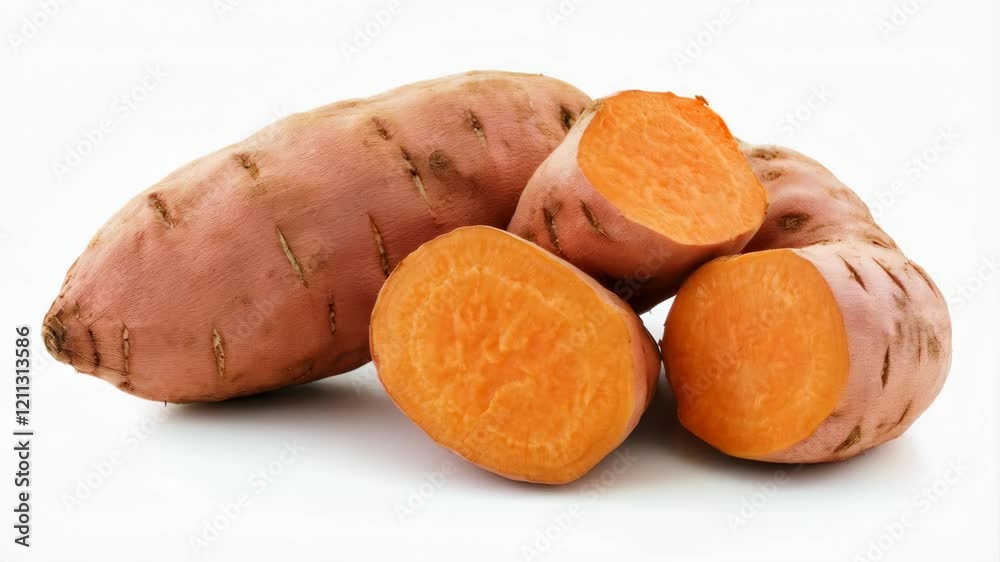 Rotating sweet potatoes display with freshly cut halves on white background Rotating sweet potatoes display with freshly cut halves on white background