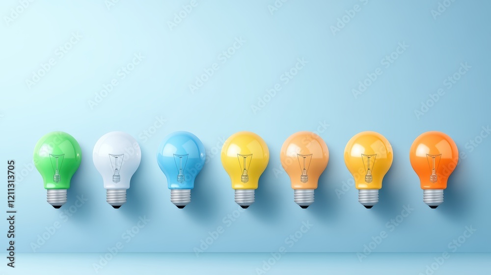 Bright idea, a single illuminated light bulb shines in row of unlit bulbs single Bright idea, a single illuminated light bulb shines in row of unlit bulbs single