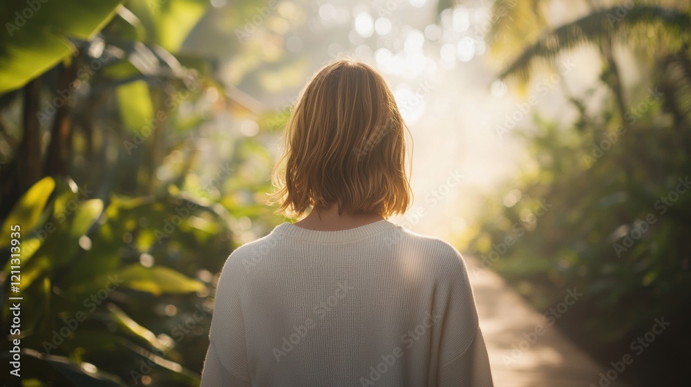 Serene woman strolls sunlit path vibrant tropical foliage bursting with life at sunrise Serene woman strolls sunlit path vibrant tropical foliage bursting with life at sunrise