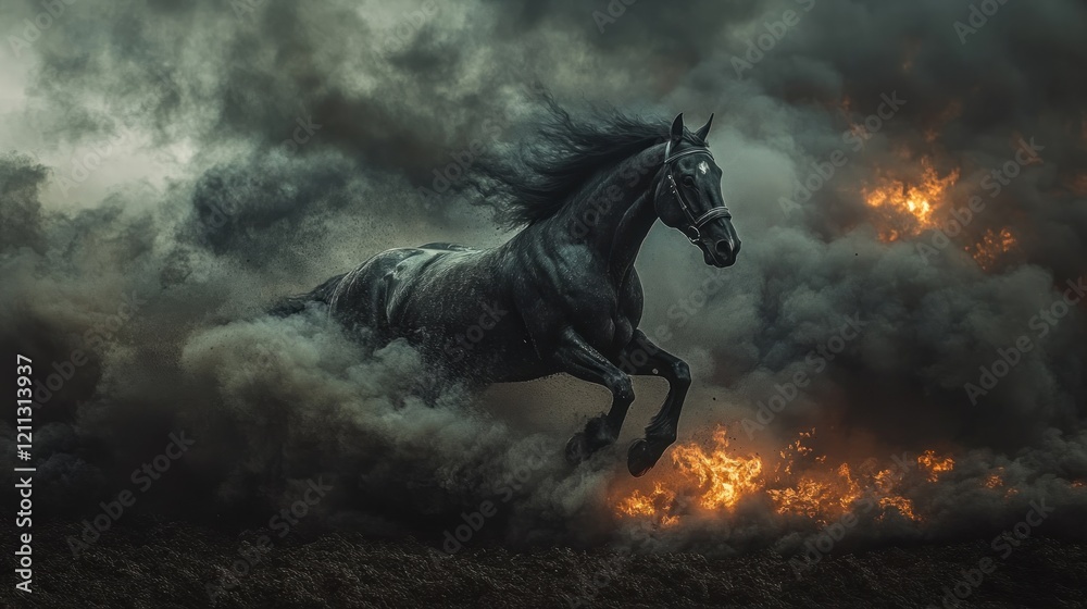 A powerful black horse galloping through smoke and flames, evoking a sense of drama. A powerful black horse galloping through smoke and flames, evoking a sense of drama.