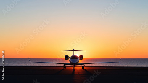 Sunset Departure: A private jet silhouetted against a vibrant orange sunset, poised for takeoff on a runway. The image evokes a sense of adventure, luxury, and freedom. 