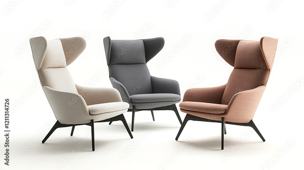 Three chairs are shown in a row, each with a different color. generated using AI Three chairs are shown in a row, each with a different color. generated using AI