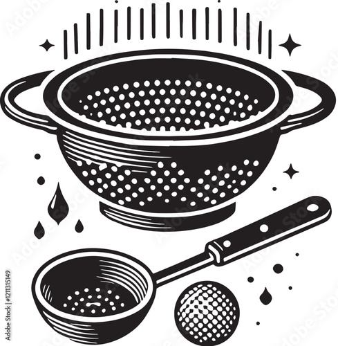 Black Color Colander Silhouette Vector Illustration, Solid White Background. minimal vector design