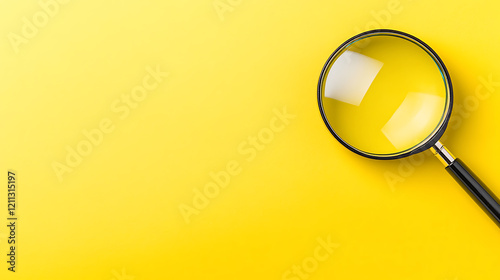 2025 new year, through magnifying glass, magnifier lens on yellow background. photo