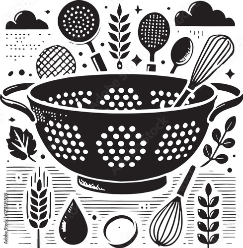 Black Color Colander Silhouette Vector Illustration, Solid White Background. minimal vector design