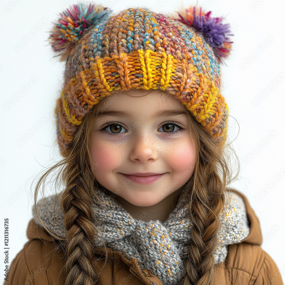a smiling little girl with braids and a winter hat colored with violets and yellow on white background a smiling little girl with braids and a winter hat colored with violets and yellow on white background
