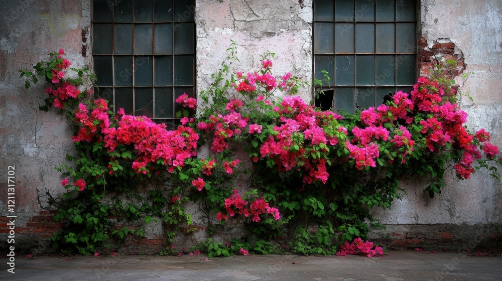 Lush vibrant pink flowers climb a weathered rustic stone wall overflowing past charming old windows Lush vibrant pink flowers climb a weathered rustic stone wall overflowing past charming old windows